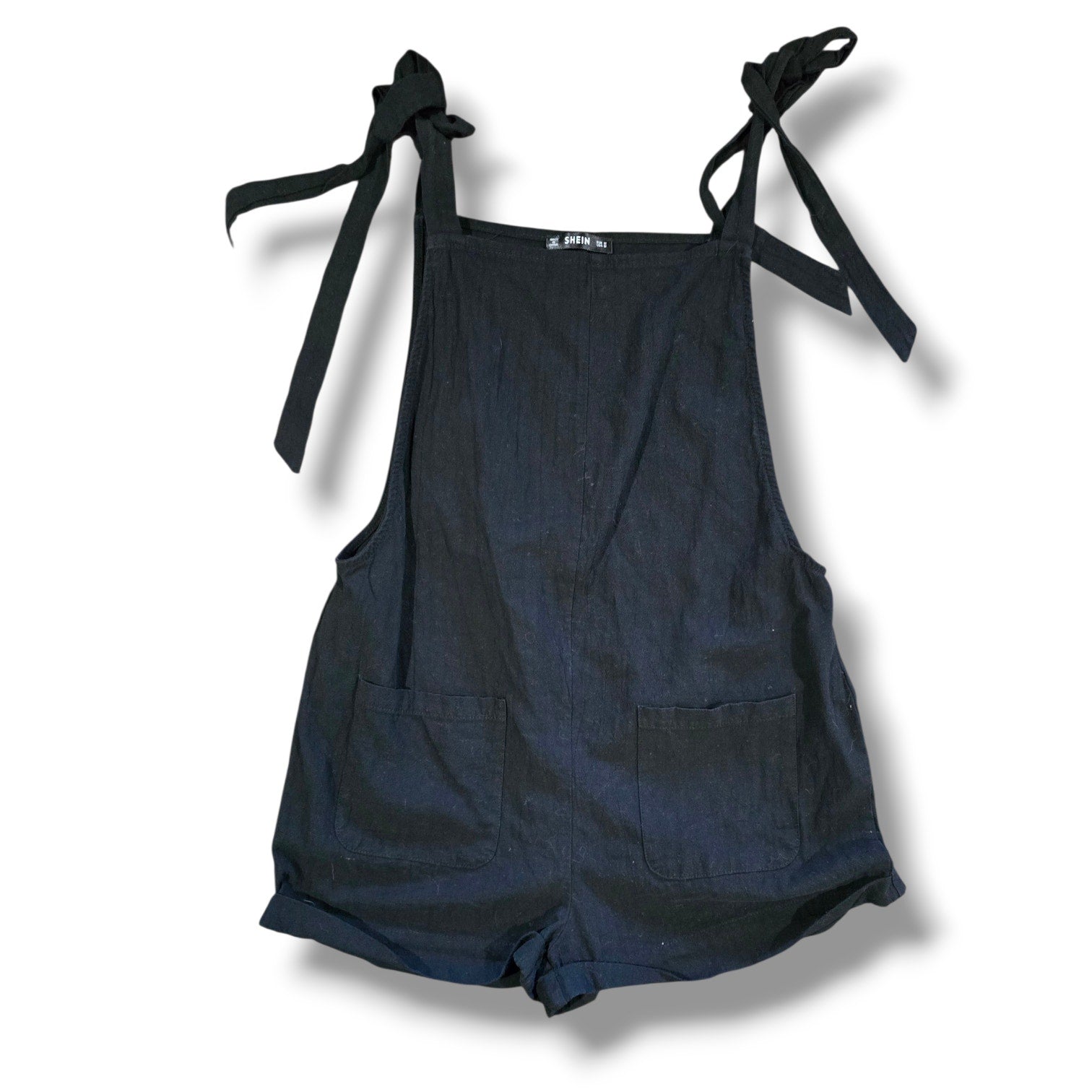 SHEIN Women’s Black Tie-Shoulder Overall Romper Shorts – Size M, 100% Cotton