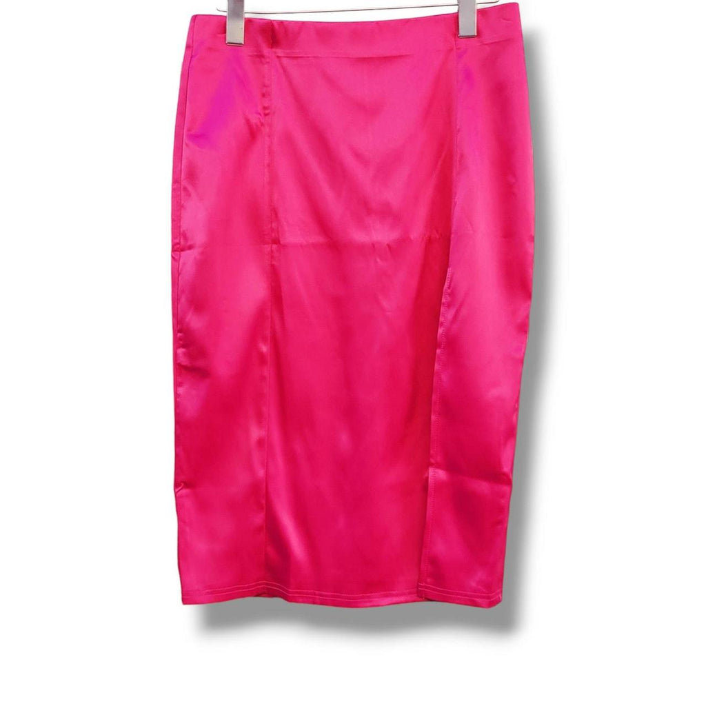 Cantonwalker Women’s High Waist Satin Bodycon Midi Skirt – Front Slit, XL, NWT