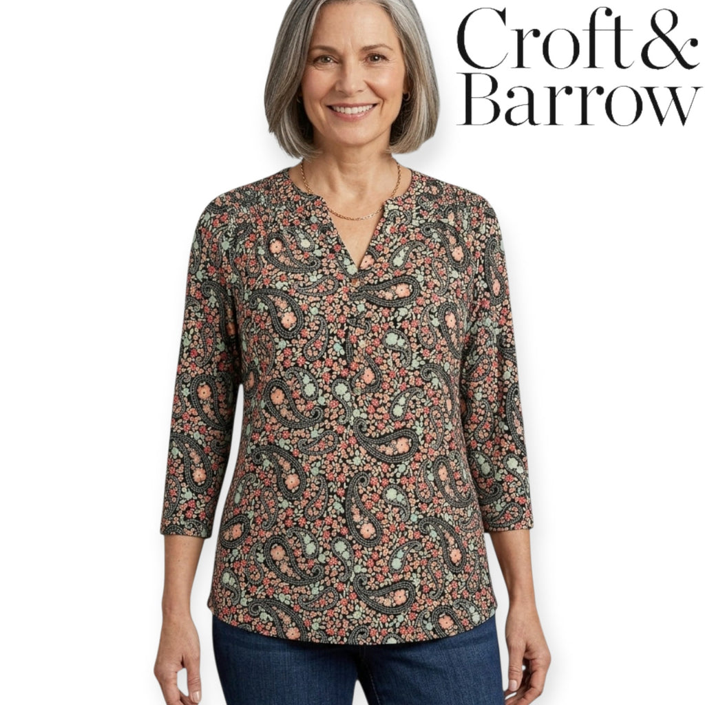 Croft & Barrow Womens Multicolor Paisley Button-Down Blouse Convertible Sleeves