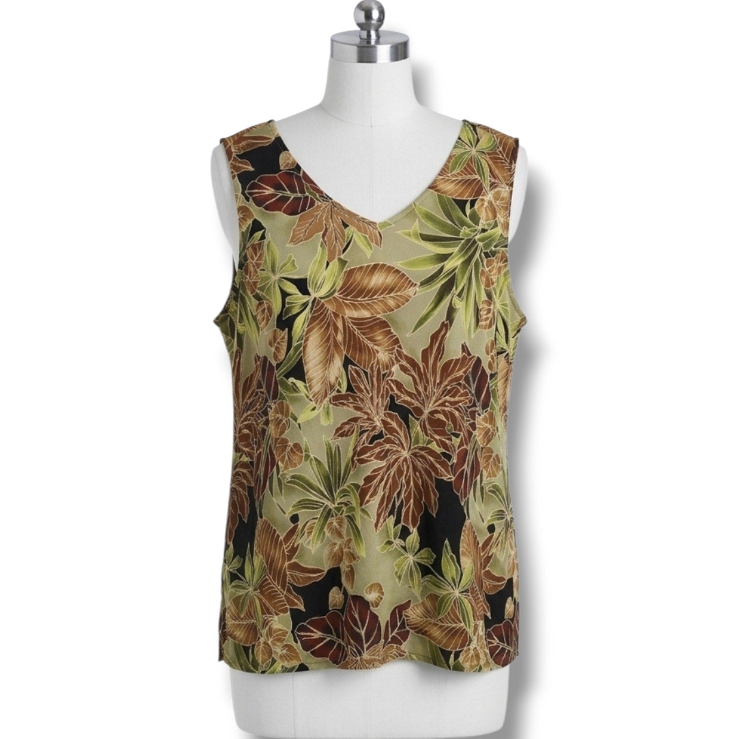 Avenue Women's Size 22/24 Green Brown Tropical Palm Leaf V-Neck Tank Top