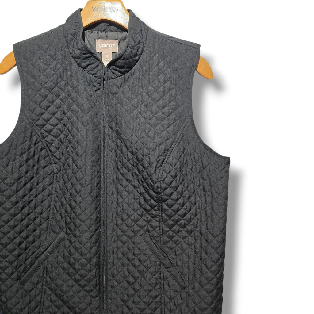 Chico's Women's Size 1 (Medium / US 8) Black Diamond Quilted Zip Vest