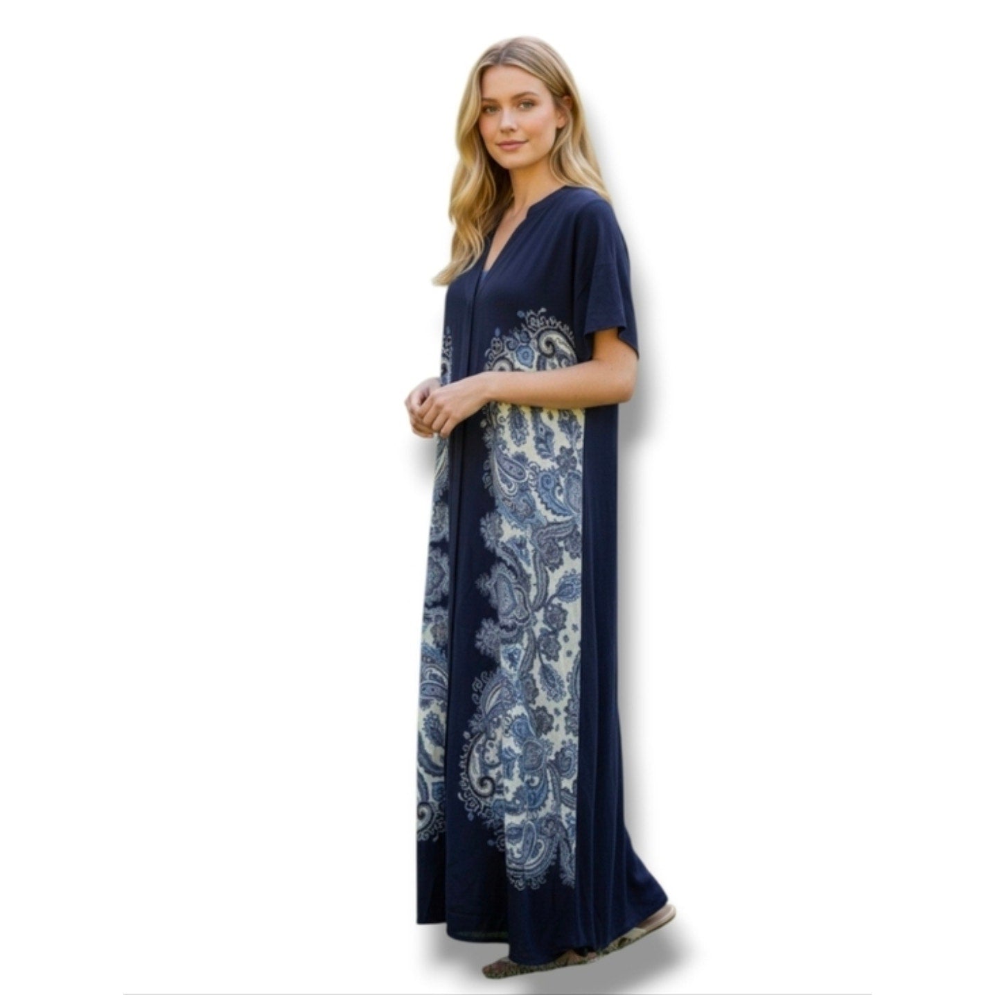 NWT H&M Blue Paisley Button Down Midi Dress Size 2 Short Sleeve Viscose
