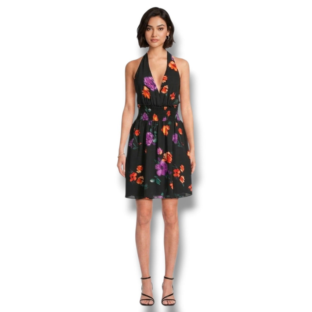 Madden NYC's Juniors black floral semi-sheer Halter Dress - xs