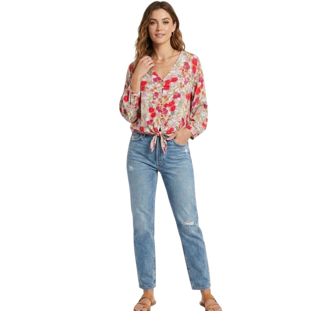 Democracy Women’s Floral Tie-Front Blouse PS Petite – 100% Rayon Boho Style