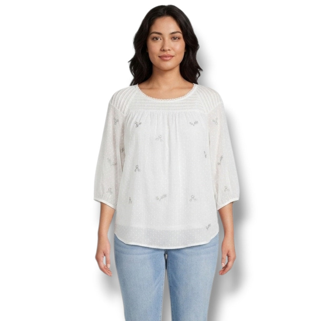 LC Lauren Conrad Women’s White Eyelet Embroidered Peasant Blouse Size Medium