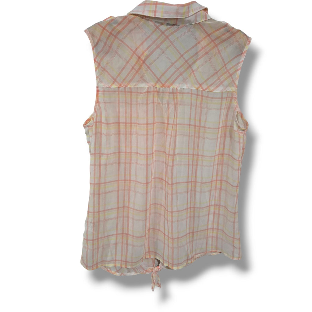 Reitmans Women's Multicolor Sleeveless Plaid Tie-Front Button Blouse Semi-Sheer