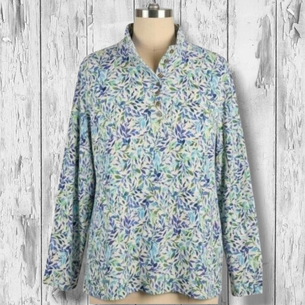 Appleseed's women's plus size Blue & Green Leaf Print Mock Neck Henley Top- 2x