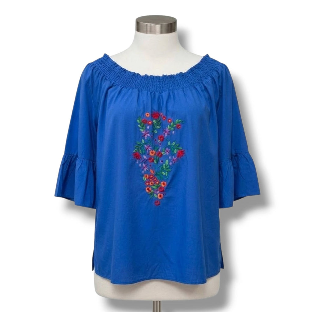Avon Women’s Blue Boho Embroidered Blouse Large, Cotton Short Sleeve Gently Used