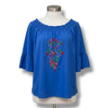 Avon Women’s Blue Boho Embroidered Blouse Large, Cotton Short Sleeve Gently Used