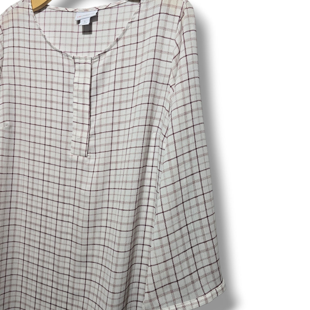 Liz Claiborne Women's Large cream Burgundy Plaid 3/4 Sleeve Blouse Top