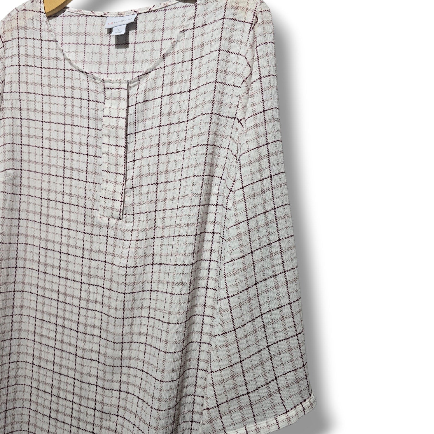 Liz Claiborne Women's Large cream Burgundy Plaid 3/4 Sleeve Blouse Top
