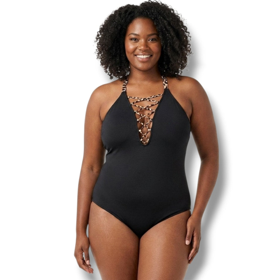 La Blanca Black Lace-Up Front Animal Print Strap One-Piece Swimsuit – Size 14