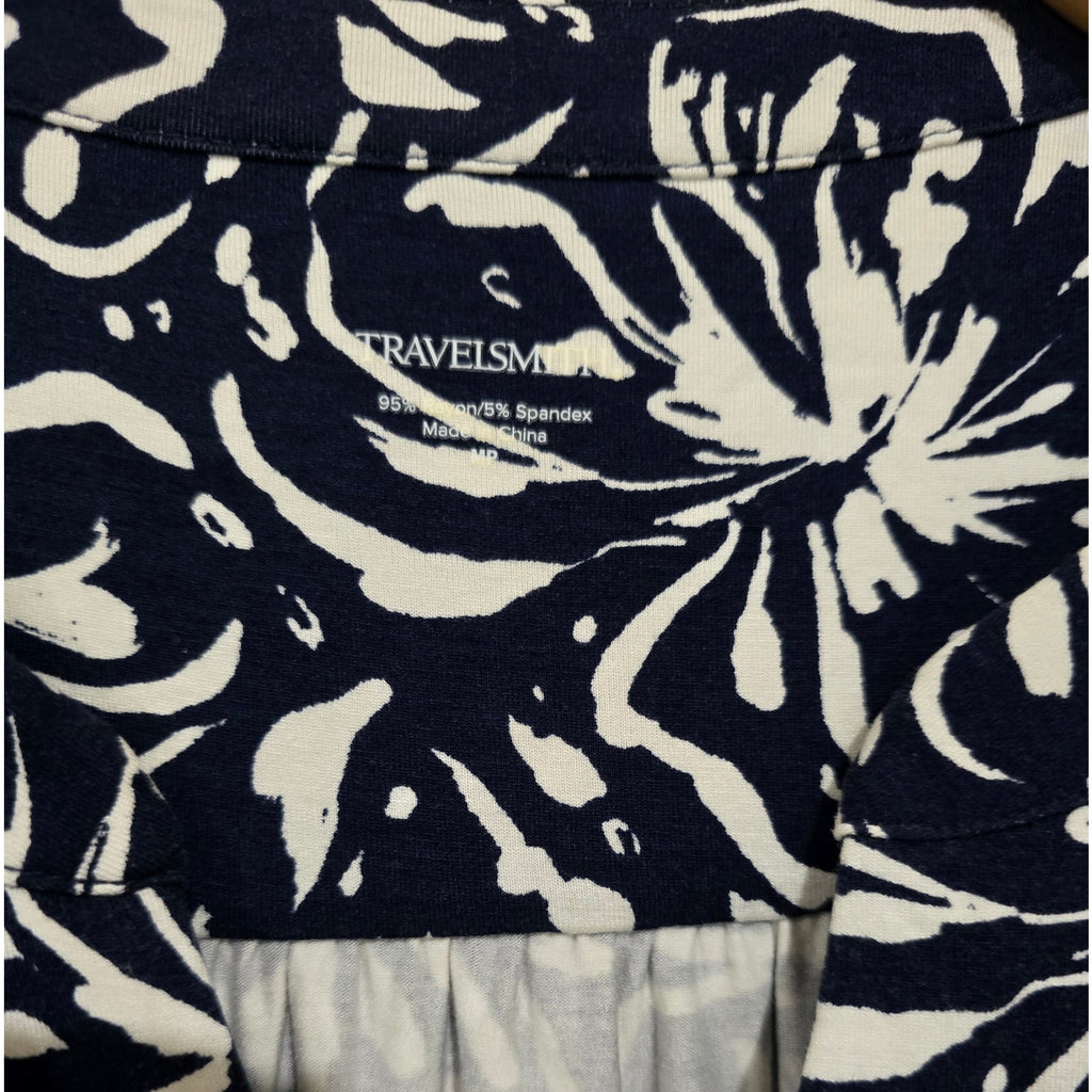 TravelSmith Navy & White Floral Long Sleeve V-Neck Top – Petite Medium