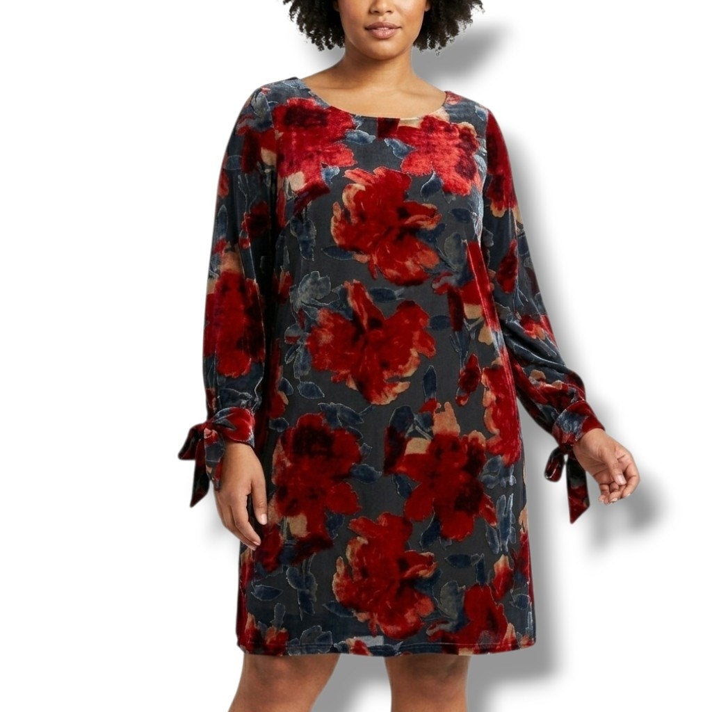 Taylor Woman plus size Red Floral Velvet Burnout Shift Dress 14W