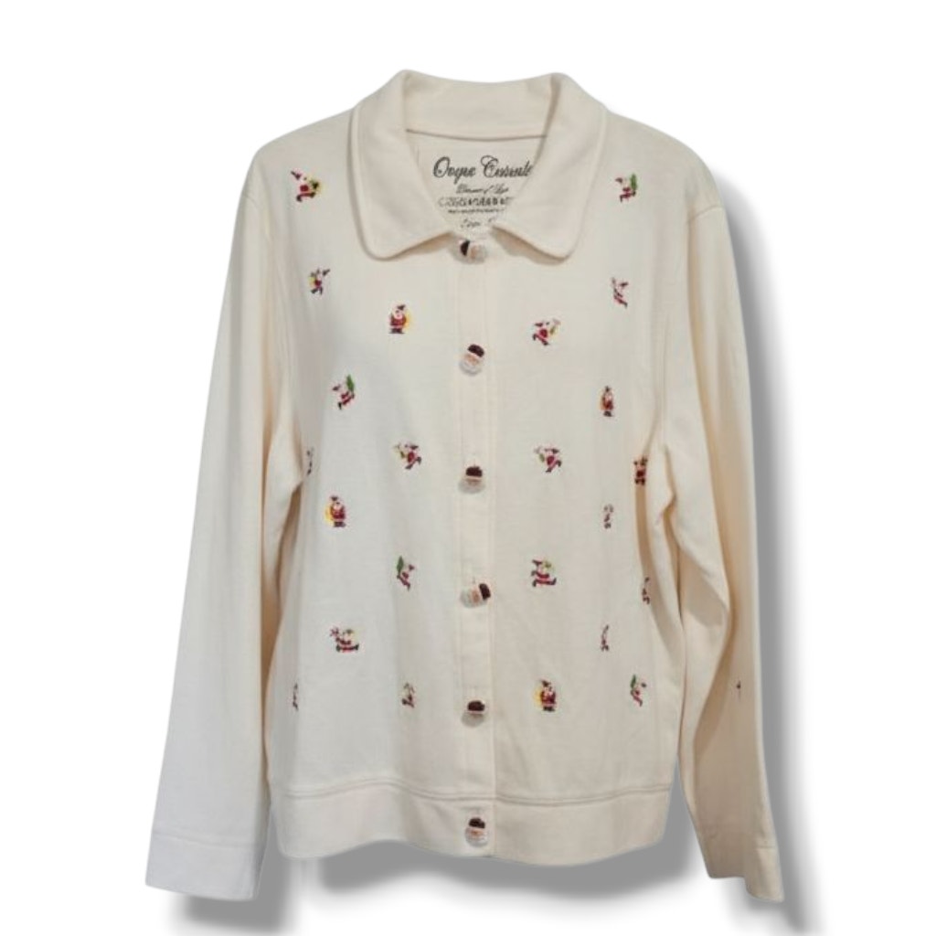 Onque Casuals XL Button-Down Santa Embroidered Christmas Sweater Cotton Blend