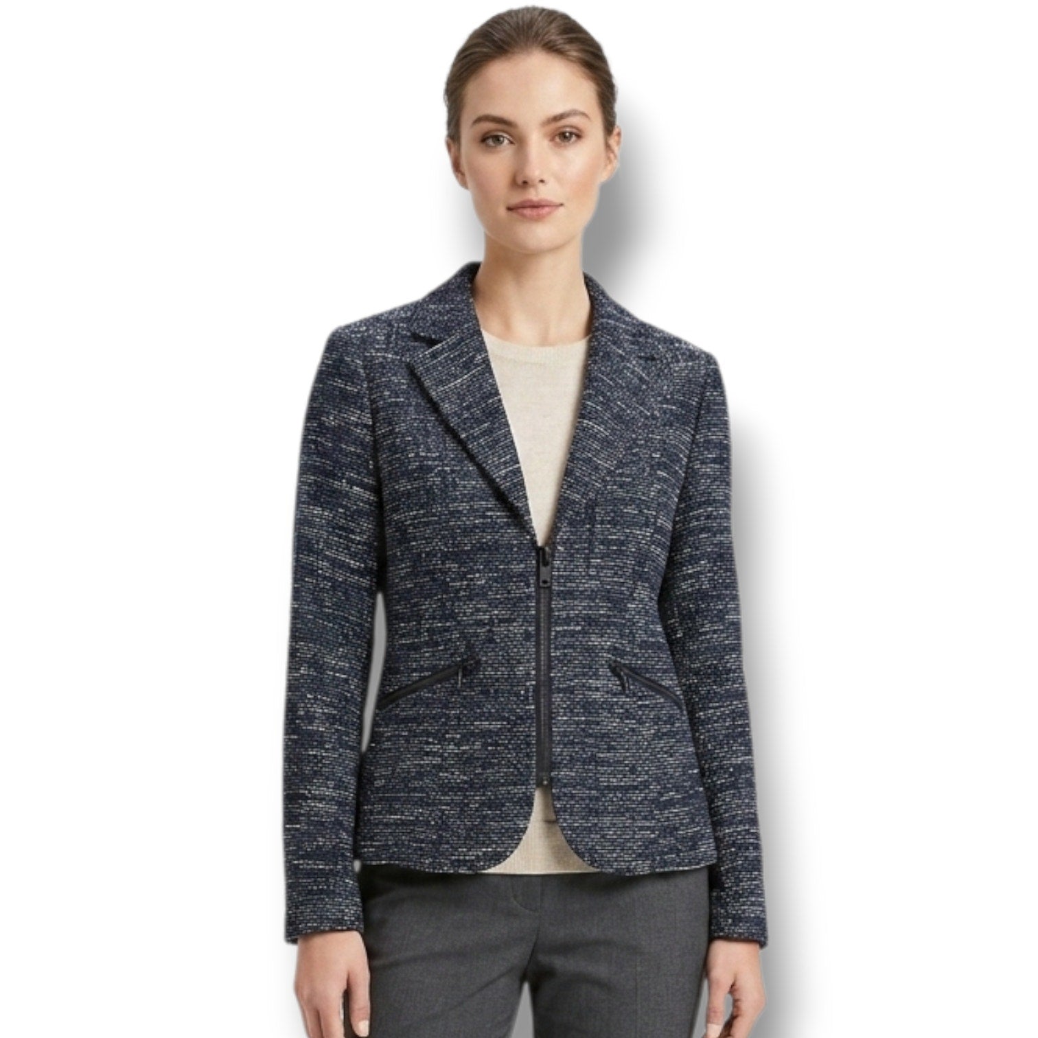 Cabi Women's Size 6 Black Blue Textured Knit Zip Front Blazer Jacket