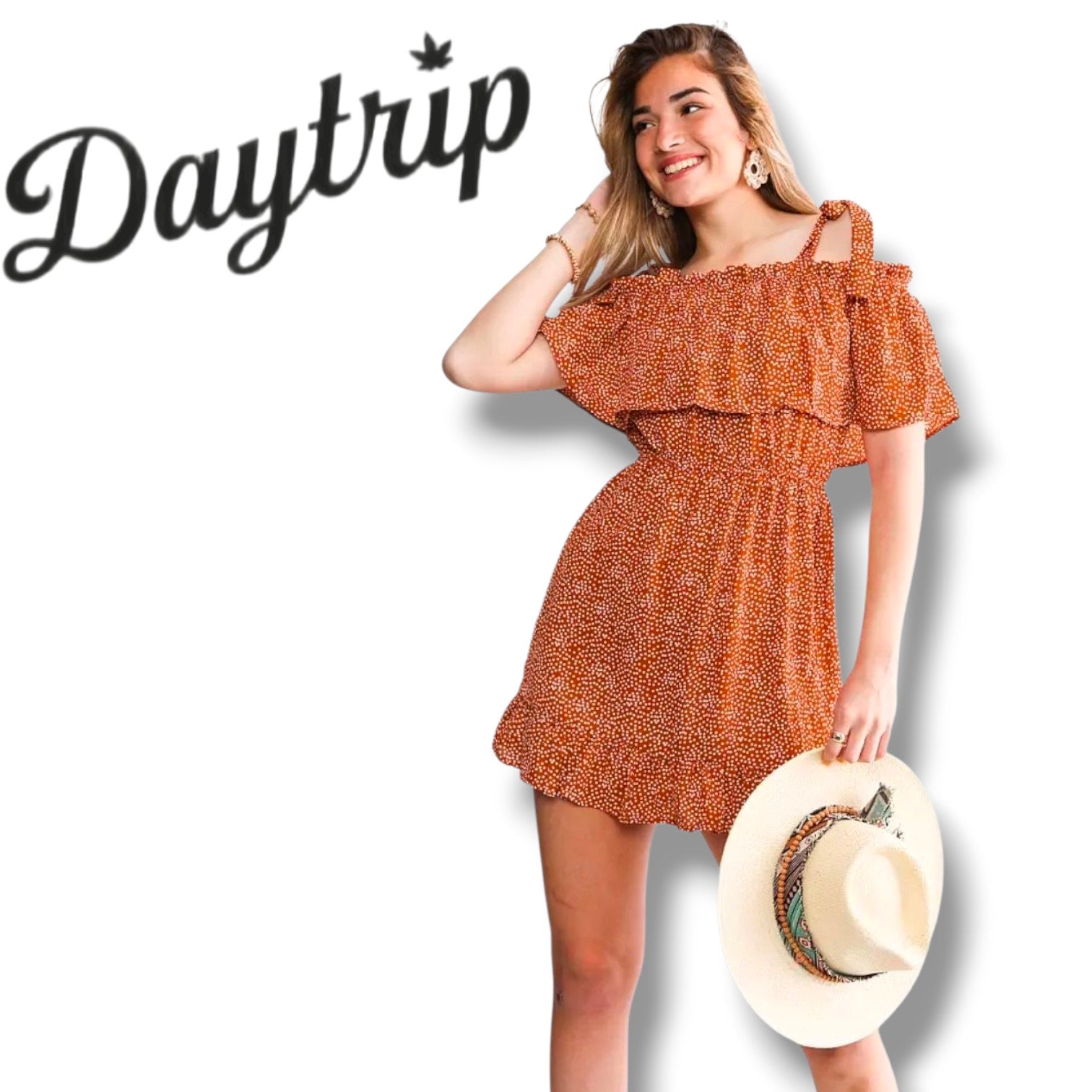 Daytrip Women’s Rust Polka Dot Off-Shoulder Ruffle Mini Dress – Size Small
