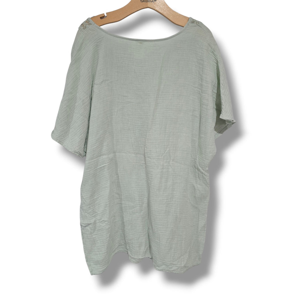 Kona Sol Sage Green Gauze V-Neck Crochet Trim cover up Top Women’s Large