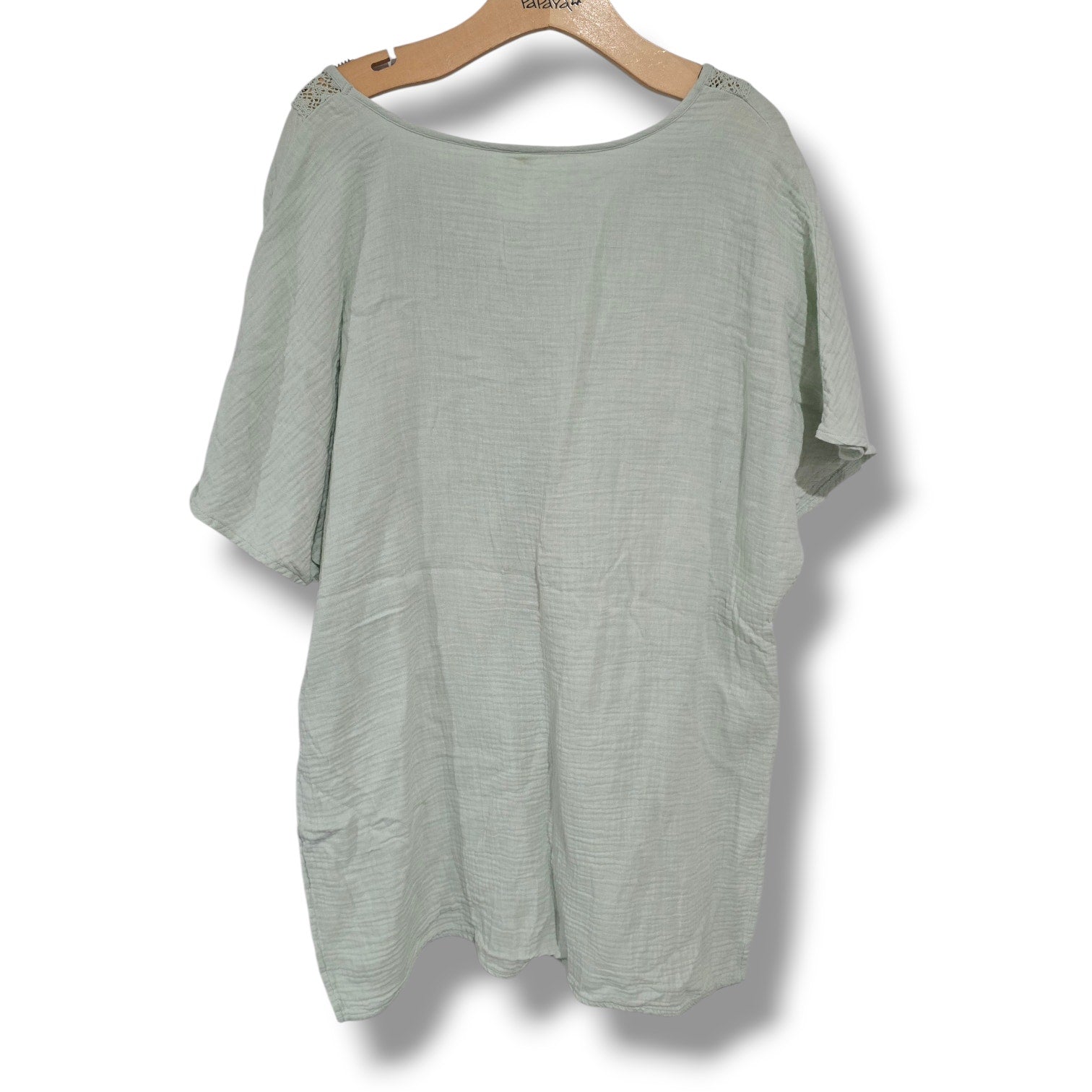 Kona Sol Sage Green Gauze V-Neck Crochet Trim cover up Top Women’s Large
