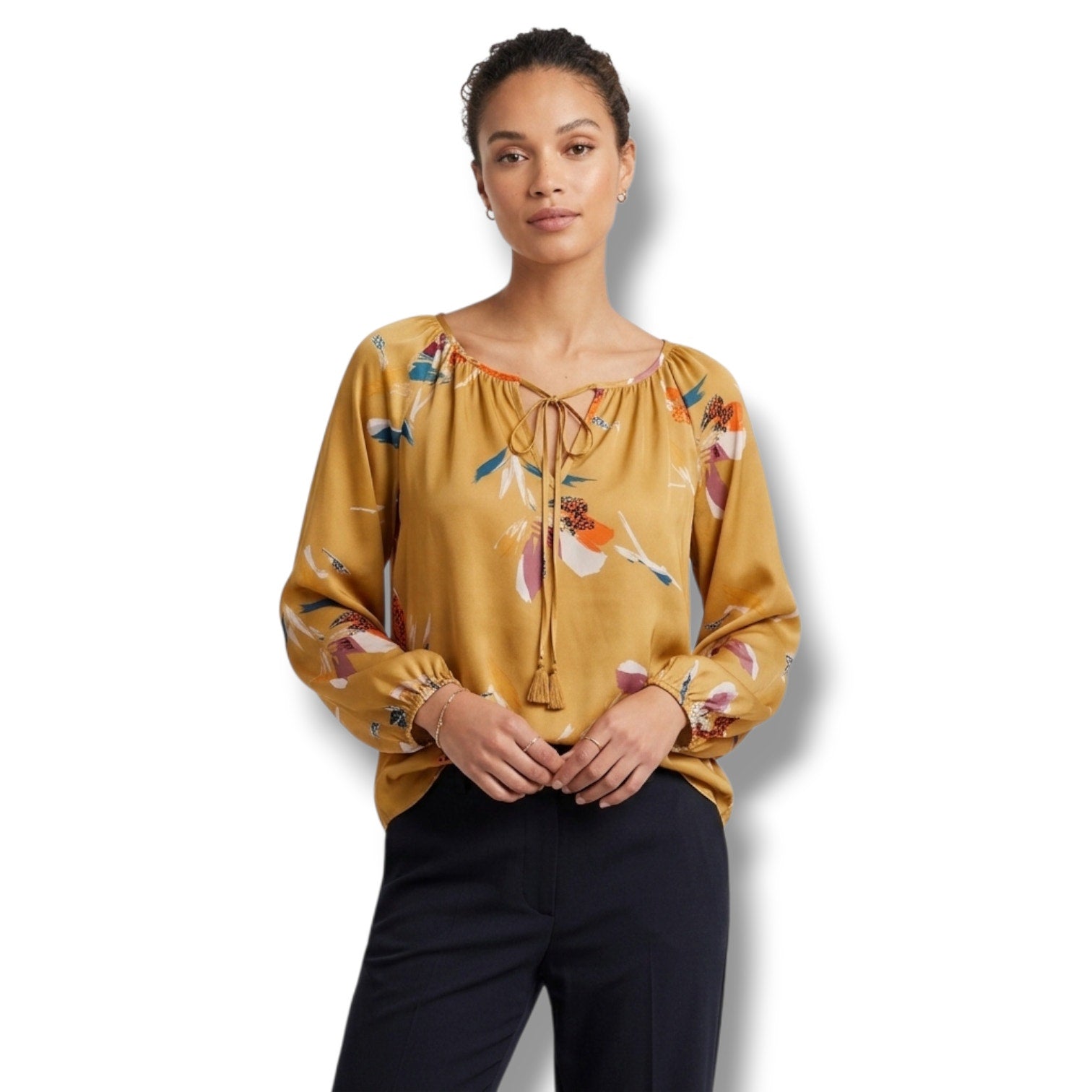 Lovestitch women's Mustard Floral Tassel Blouse Large