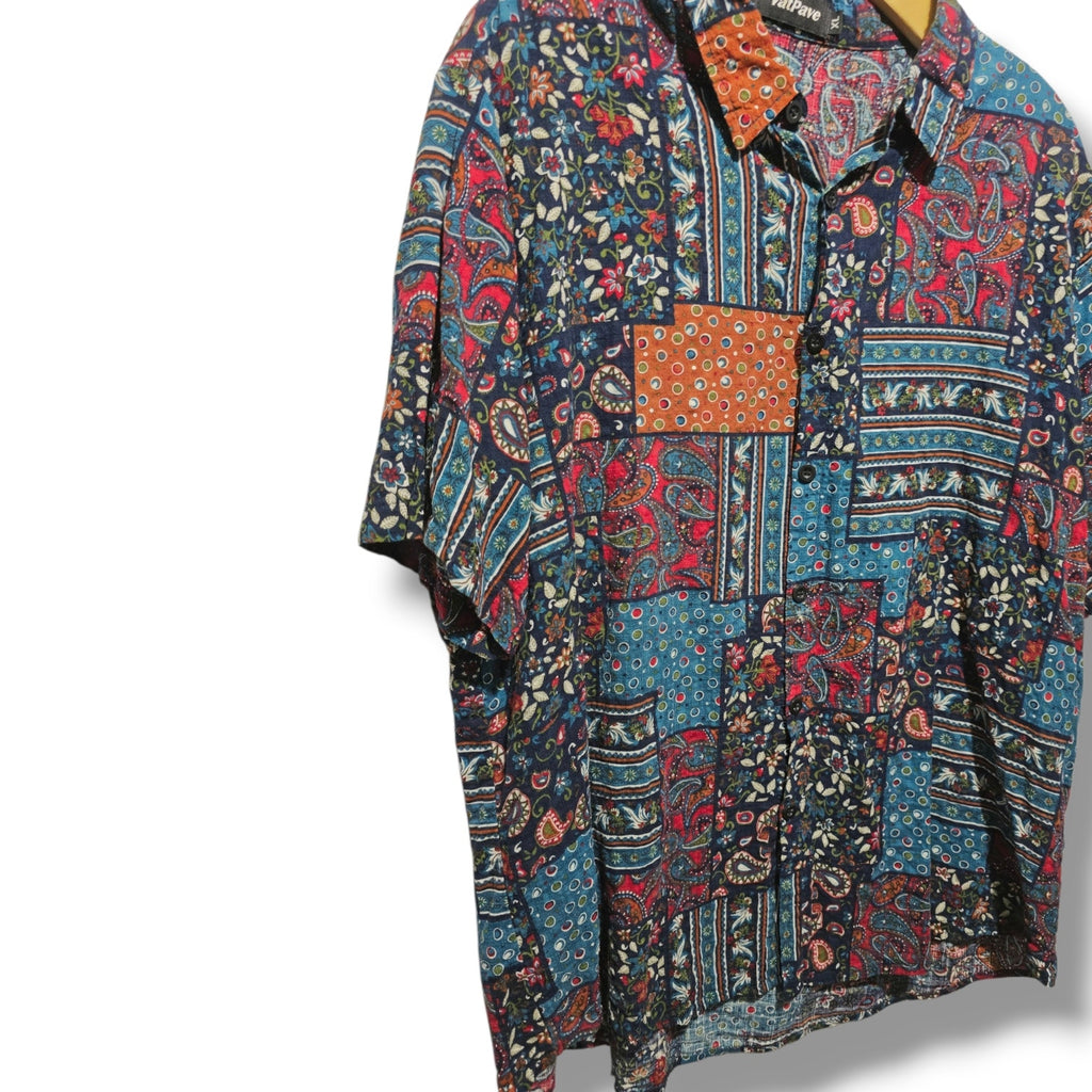 VatPave Men's XL Patchwork Paisley Floral Short Sleeve Button Down Shirt