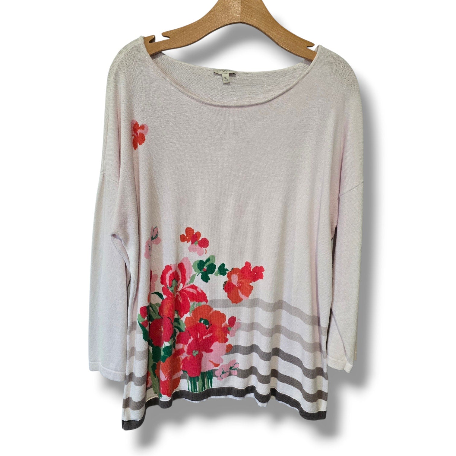 Talbots Soft Pink Floral & Striped Cotton Knit Sweater XL