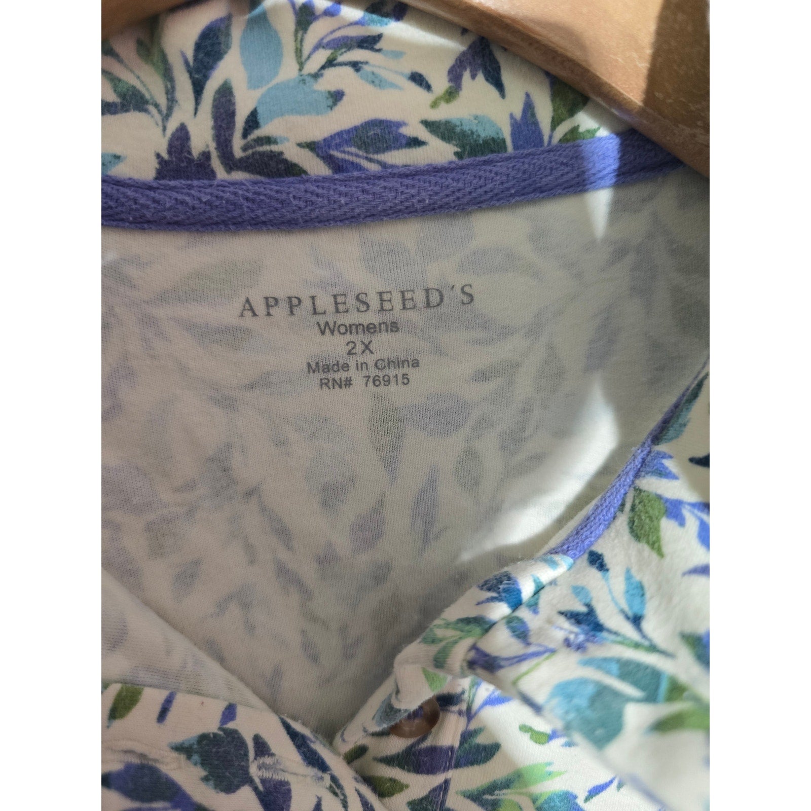 Appleseed's women's plus size Blue & Green Leaf Print Mock Neck Henley Top- 2x