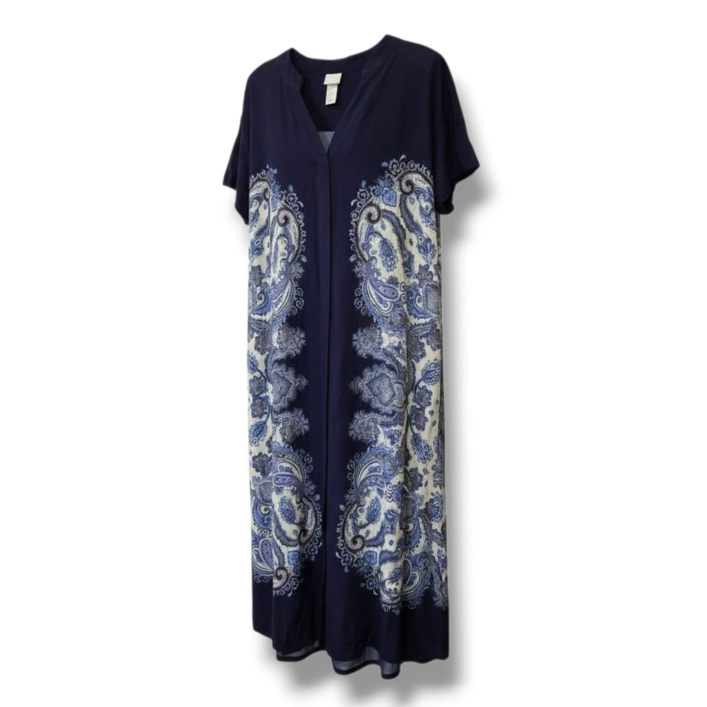 NWT H&M Blue Paisley Button Down Midi Dress Size 2 Short Sleeve Viscose