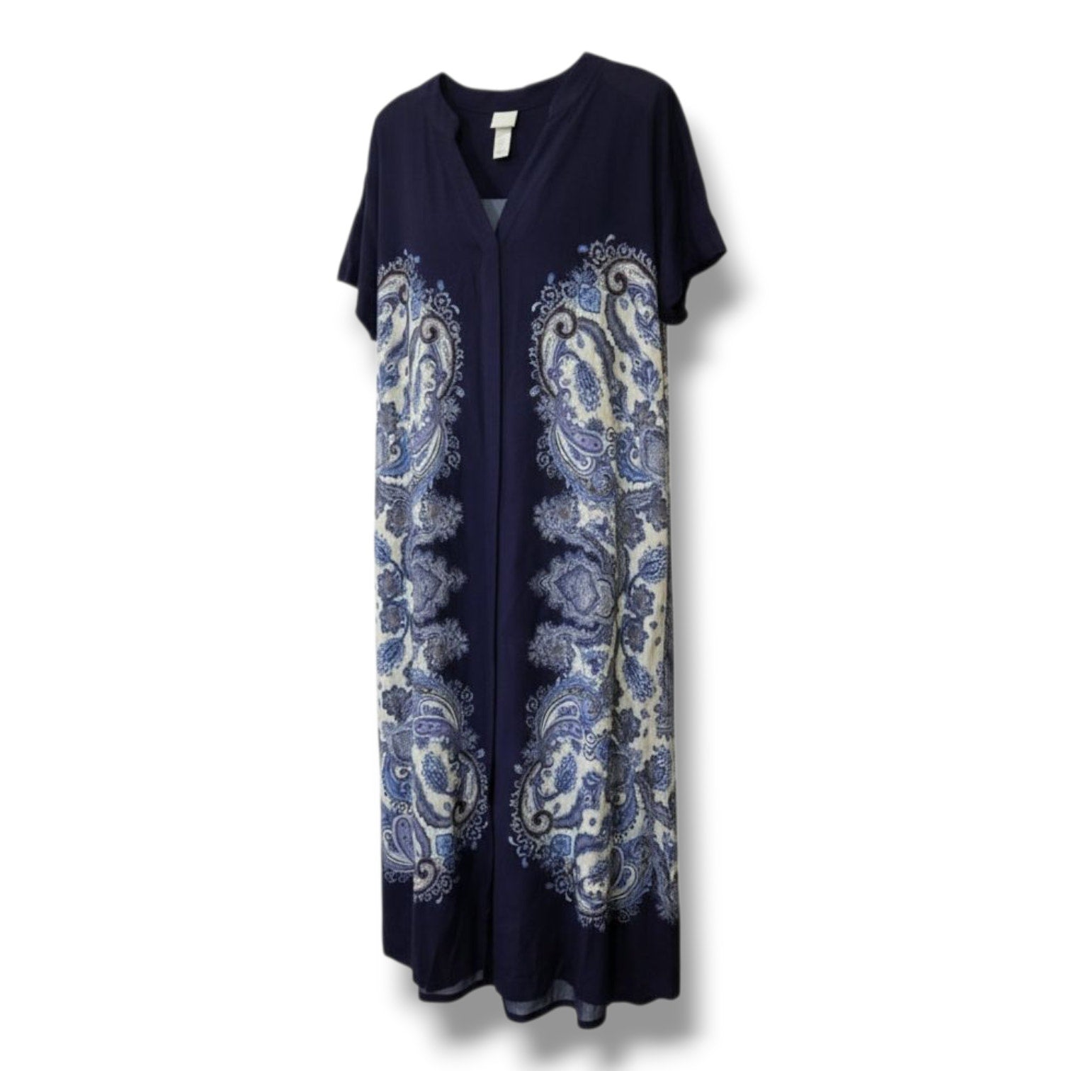 NWT H&M Blue Paisley Button Down Midi Dress Size 2 Short Sleeve Viscose