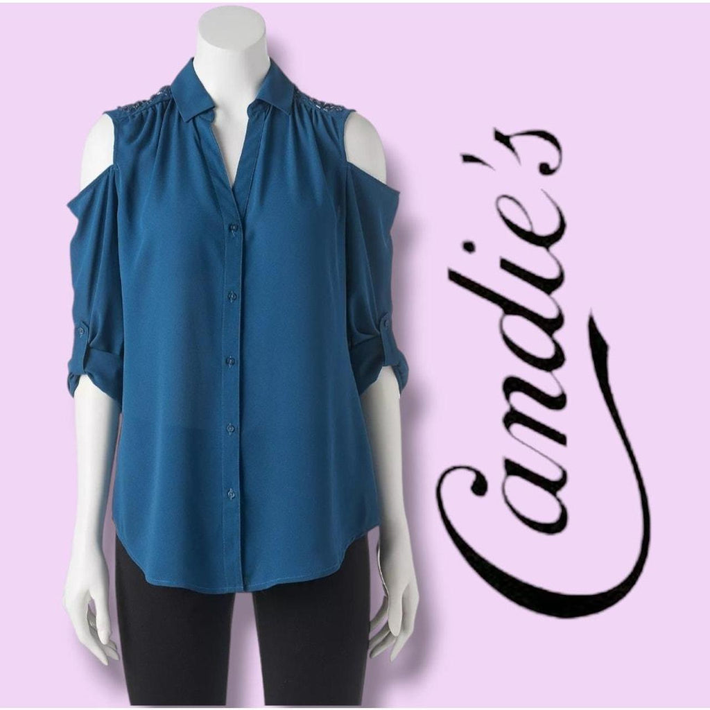 Candie's Size Medium Teal Blue Cold Shoulder Button Down Blouse Embellished