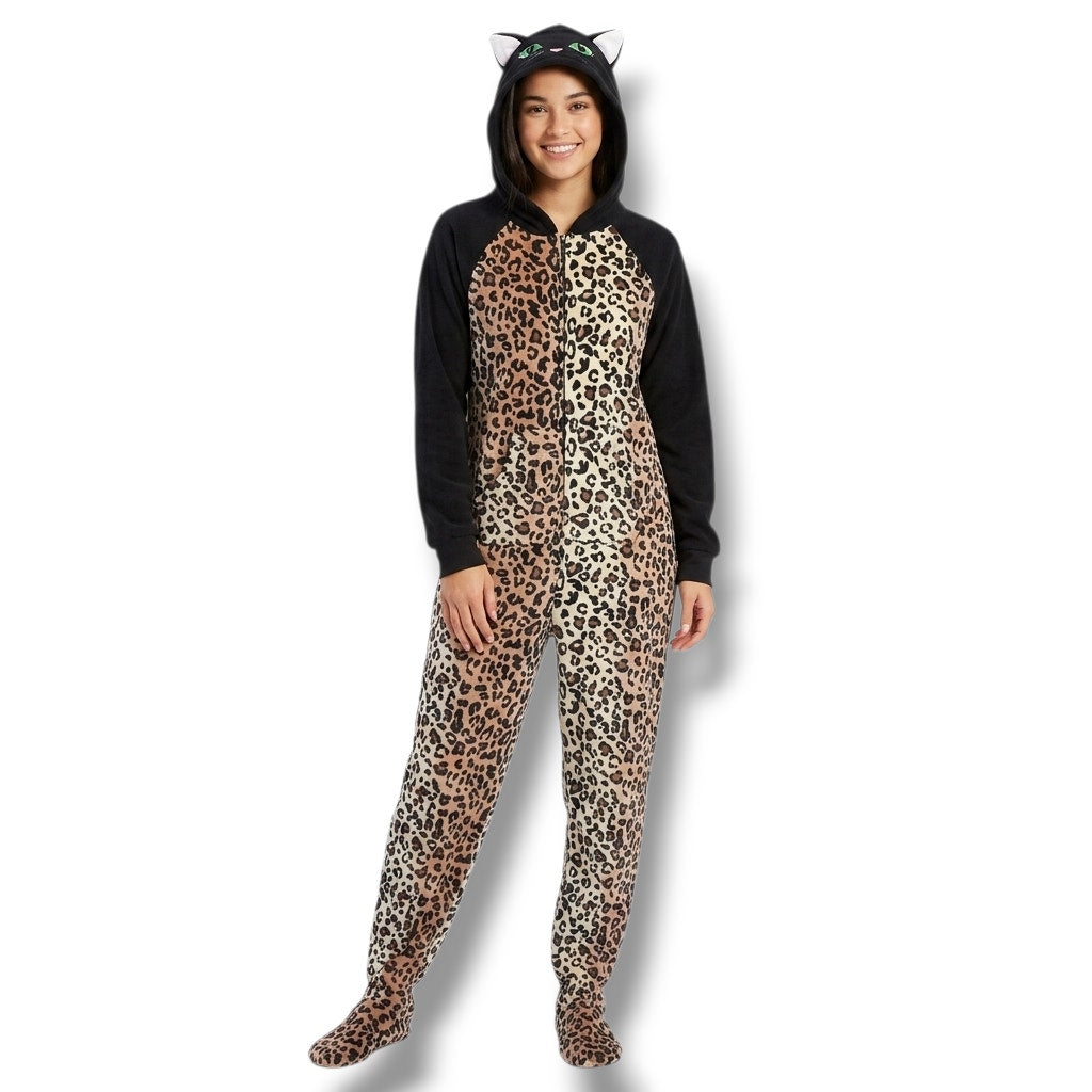 French Jenny Leopard Print Hooded One-Piece Pajamas - Size Medium