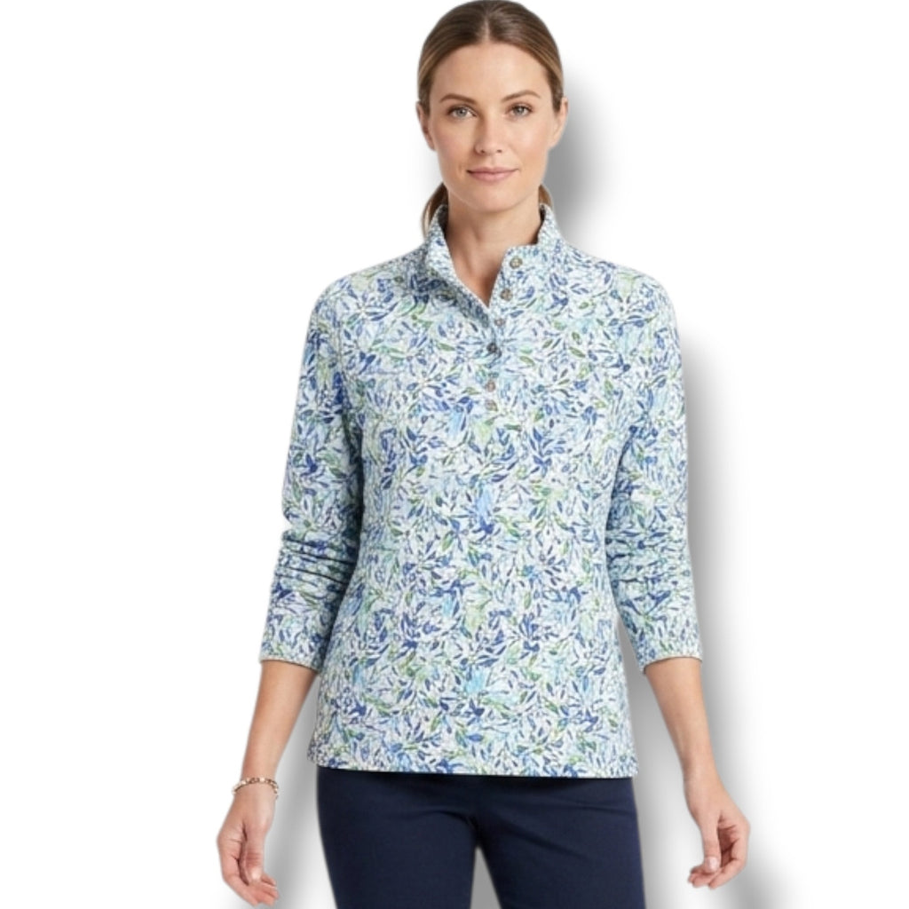 Appleseed's women's plus size Blue & Green Leaf Print Mock Neck Henley Top- 2x