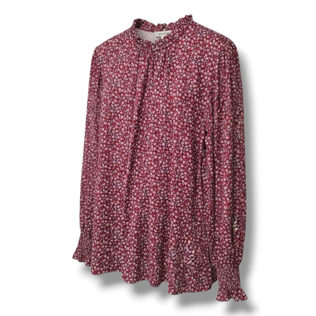 Lomon Women’s Burgundy Floral Long Sleeve Boho Blouse – Large