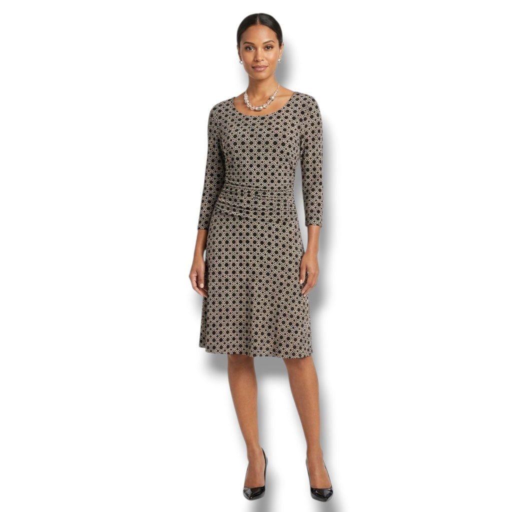 En Focus Studio Brown & Black Geometric Print Ruched Midi Dress Size 8