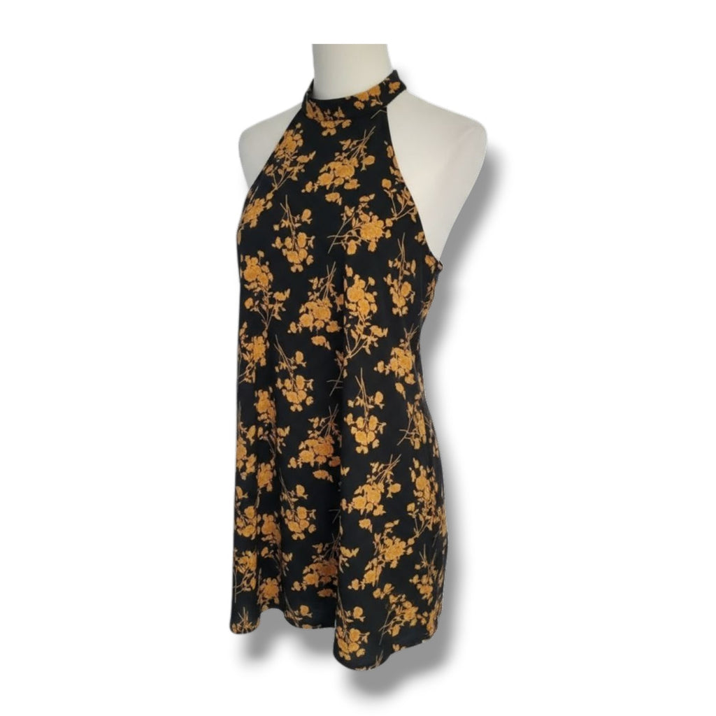 SHEIN Black & Gold Floral Halter Neck Mini Dress Women’s Size Medium