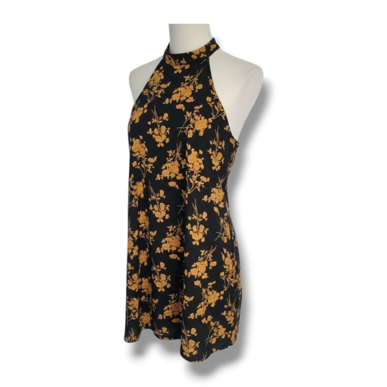 SHEIN Black & Gold Floral Halter Neck Mini Dress Women’s Size Medium