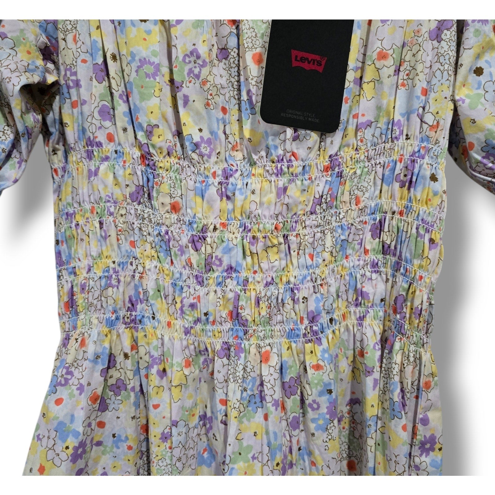 Levi’s Women’s Off Shoulder Floral Dress XL, Balloon Sleeves Pockets Cotton New