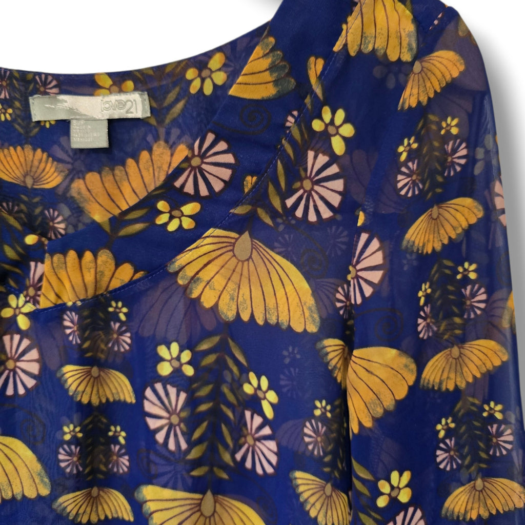 Love 21 women's Forever 21 Blue Retro Floral Sheer Chiffon Blouse – Small