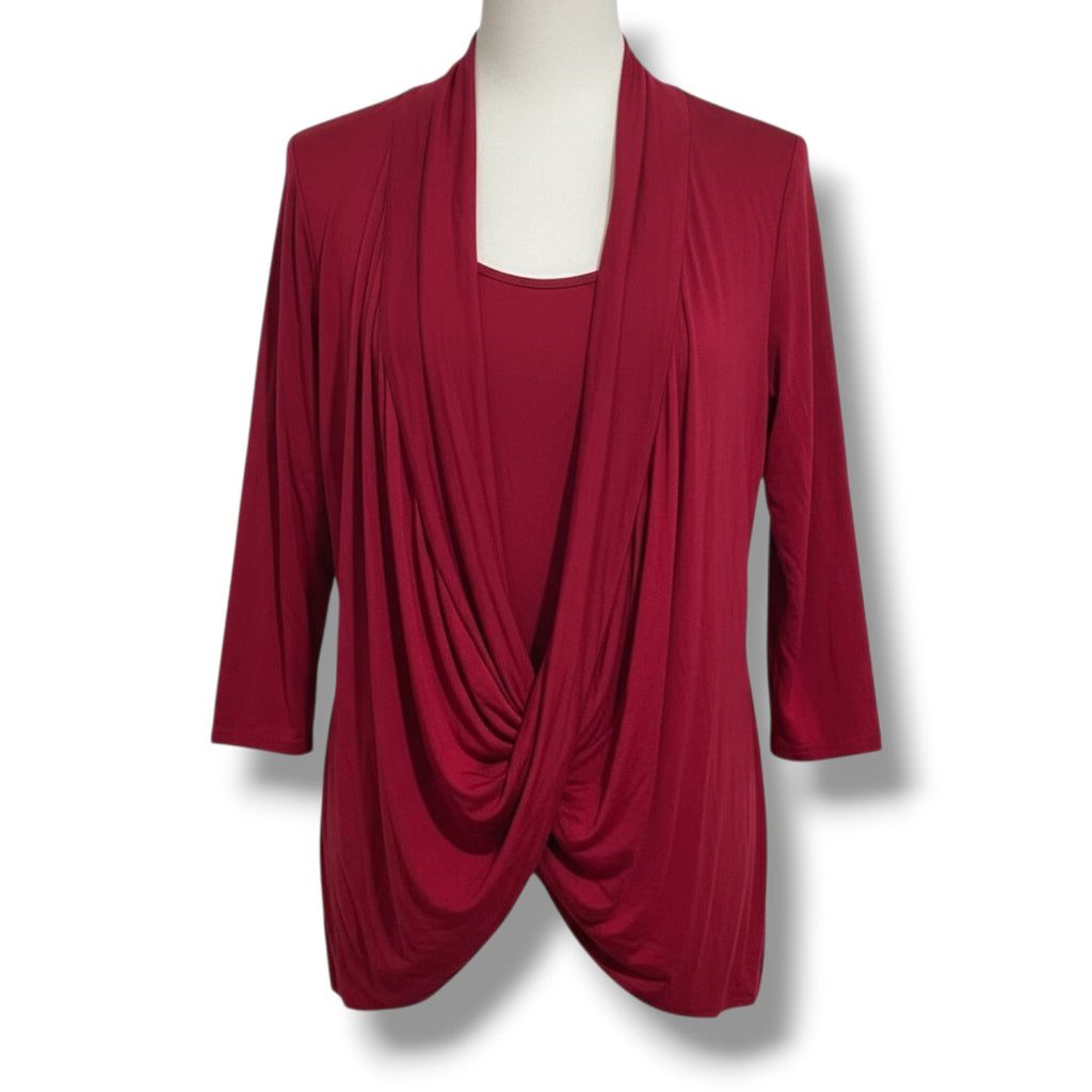 Rhonda Shear Women’s Burgundy 2-in-1 Draped Front Top Size Large