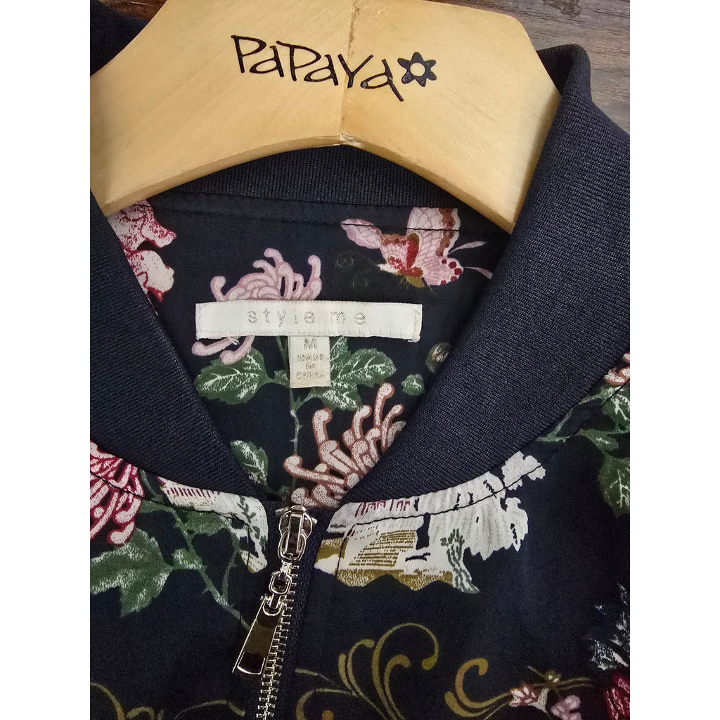 Style Me Women's Size M Navy Blue Asian Floral Butterfly Satin Bomber Jacket