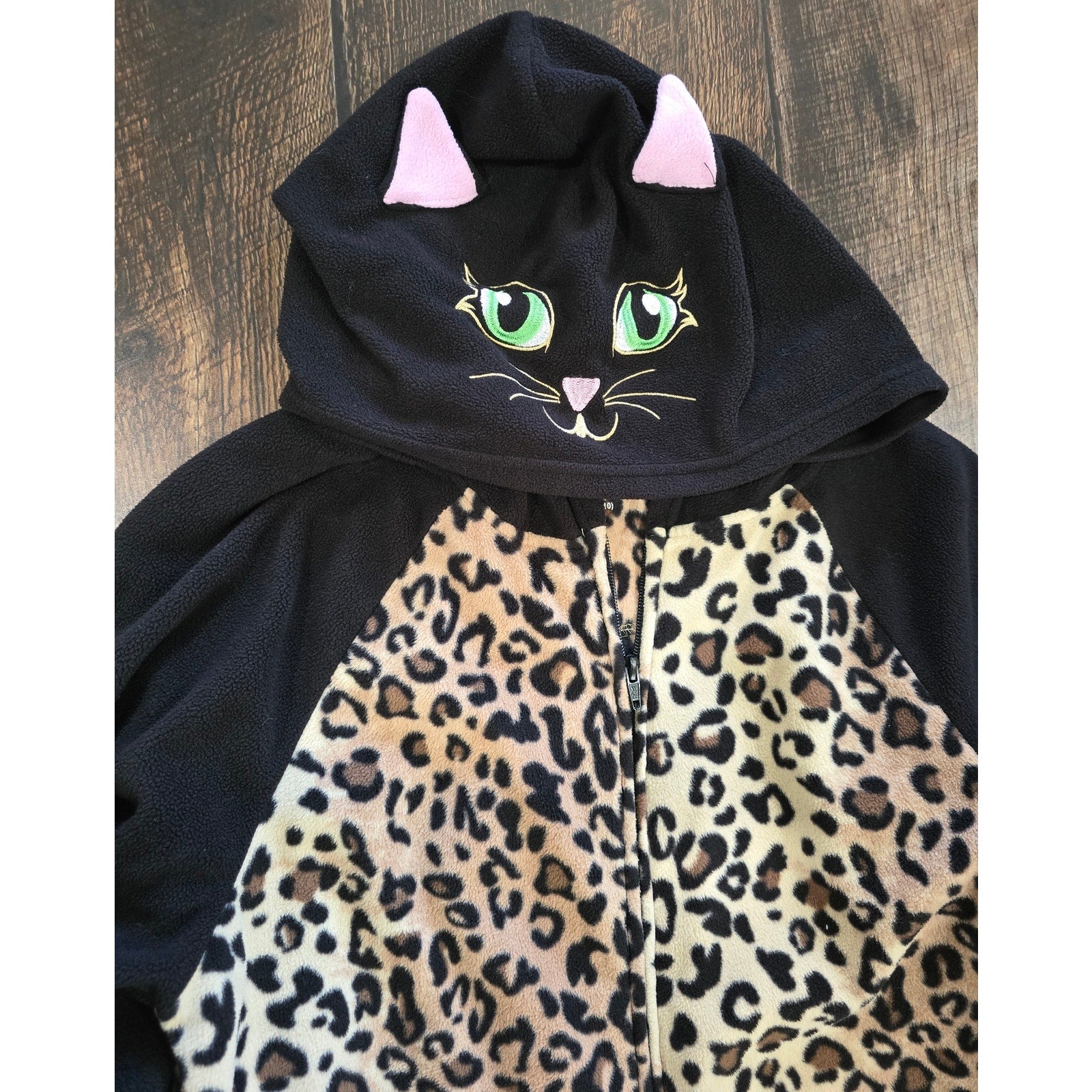 French Jenny Leopard Print Hooded One-Piece Pajamas - Size Medium