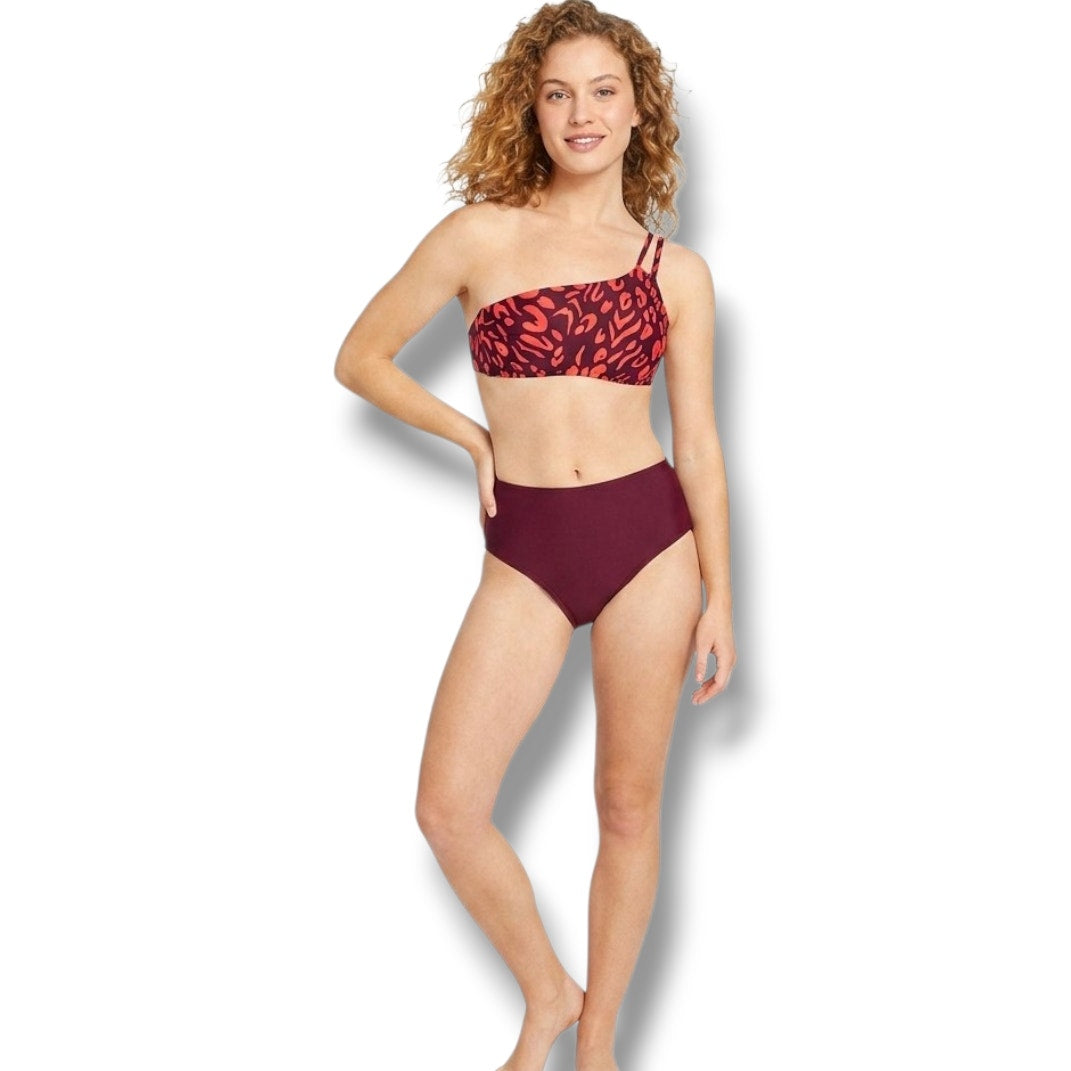 Shade & Shore Women’s Red Animal Print One Shoulder Bikini Top Small NWT