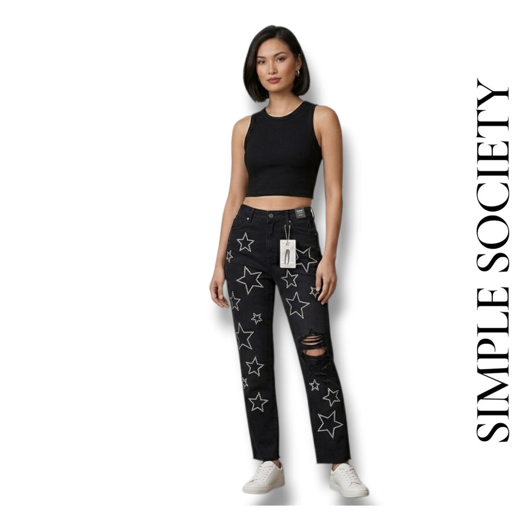 NWT Simple Society Black Rhinestone Star Jeans Juniors 17/33 High Rise Straight