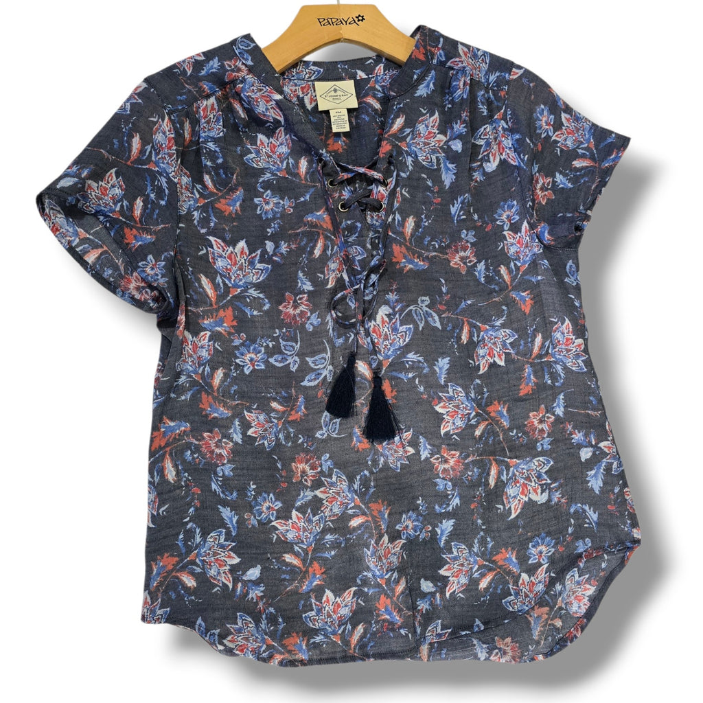 St. John’s Bay Petite Medium Floral Lace-Up Tassel Blouse Navy Rayon Blend
