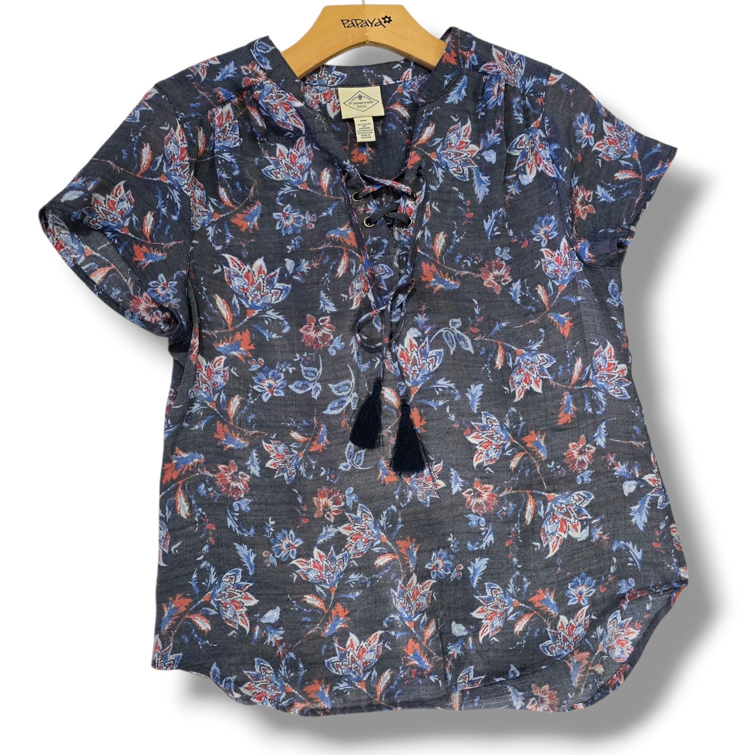 St. John’s Bay Petite Medium Floral Lace-Up Tassel Blouse Navy Rayon Blend