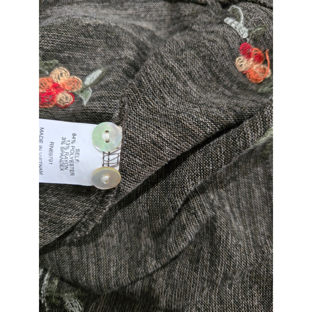 Fig & Flower women's Olive Heather Floral Embroidered Tie-Front top