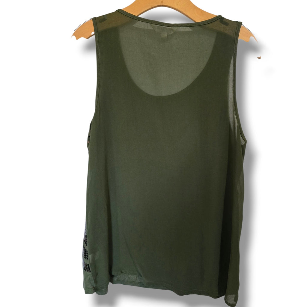 Charming Charlie Women's Olive Green Sequin Geometric Tank Top L Chiffon Back