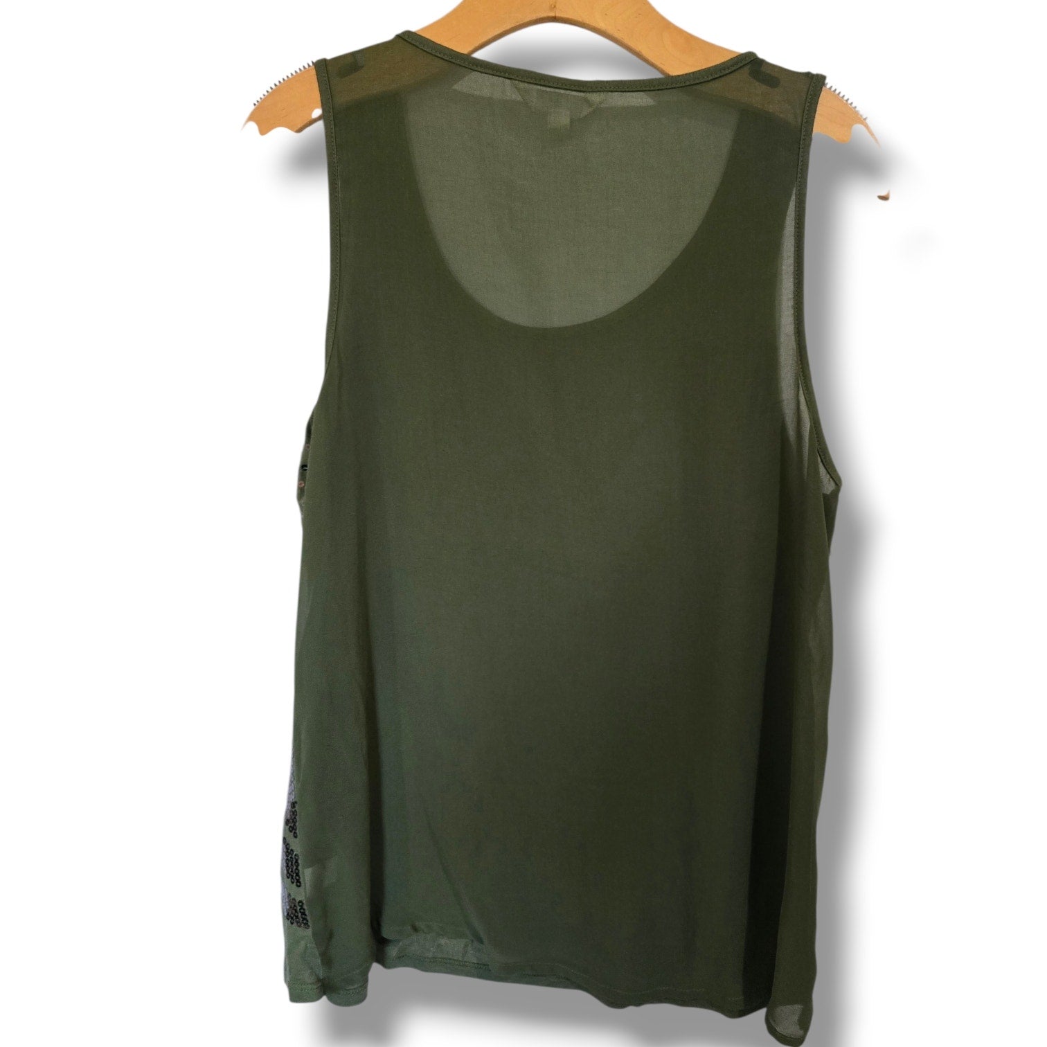 Charming Charlie Women's Olive Green Sequin Geometric Tank Top L Chiffon Back