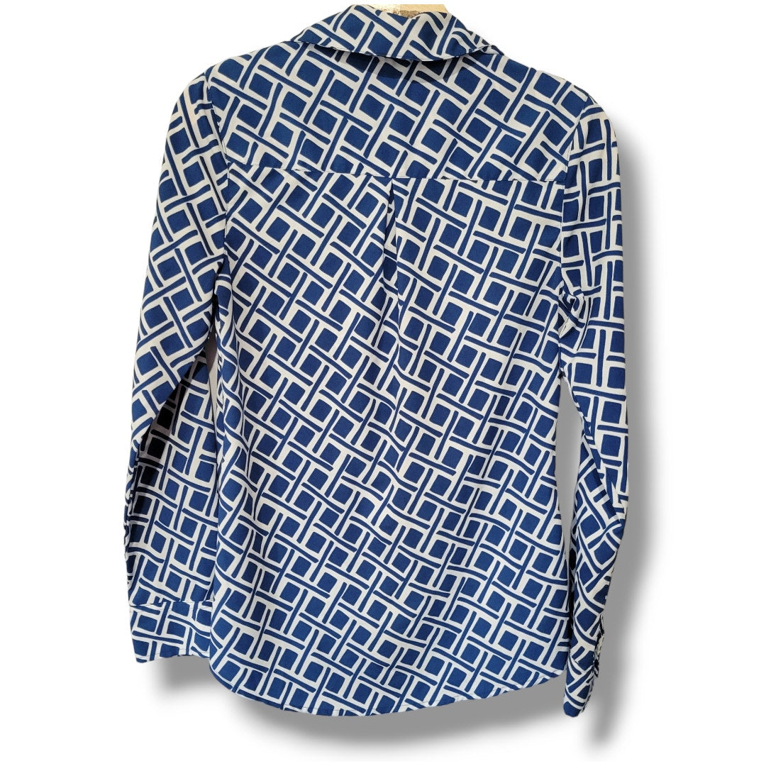 Merona Women’s Blue White Geometric Button-Down Blouse - XS