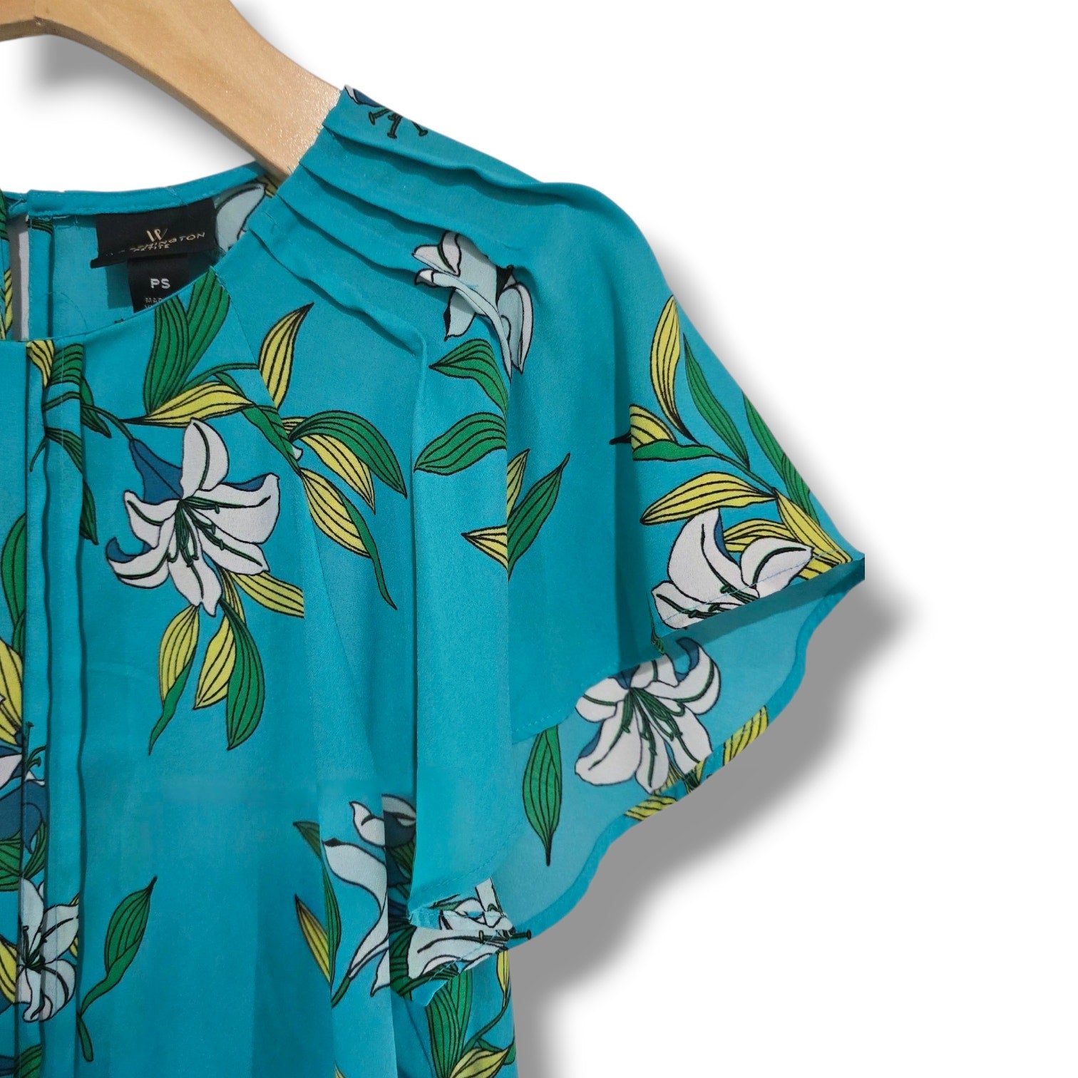 Worthington Petite Women’s Teal Floral Flutter Sleeve Blouse – Size PS